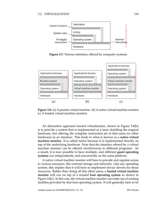 3.2. VIRTUALIZATION 119
Figure 3.7: Various interfaces offered by computer systems.
(a) (b) (c)
Figure 3.8: (a) A process virtual machine. (b) A native virtual machine monitor.
(c) A hosted virtual machine monitor.
An alternative approach toward virtualization, shown in Figure 3.8(b),
is to provide a system that is implemented as a layer shielding the original
hardware, but offering the complete instruction set of that same (or other
hardware) as an interface. This leads to what is known as a native virtual
machine monitor. It is called native because it is implemented directly on
top of the underlying hardware. Note that the interface offered by a virtual
machine monitor can be offered simultaneously to different programs. As
a result, it is now possible to have multiple, and different guest operating
systems run independently and concurrently on the same platform.
A native virtual machine monitor will have to provide and regulate access
to various resources, like external storage and networks. Like any operating
system, this implies that it will have to implement device drivers for those
resources. Rather than doing all this effort anew, a hosted virtual machine
monitor will run on top of a trusted host operating system as shown in
Figure 3.8(c). In this case, the virtual machine monitor can make use of existing
facilities provided by that host operating system. It will generally have to be
downloaded by HUSNI@TRUNOJOYO.AC.ID DS 3.01pre
3.2. VIRTUALIZATION 119
Figure 3.7: Various interfaces offered by computer systems.
(a) (b) (c)
Figure 3.8: (a) A process virtual machine. (b) A native virtual machine monitor.
(c) A hosted virtual machine monitor.
An alternative approach toward virtualization, shown in Figure 3.8(b),
is to provide a system that is implemented as a layer shielding the original
hardware, but offering the complete instruction set of that same (or other
hardware) as an interface. This leads to what is known as a native virtual
machine monitor. It is called native because it is implemented directly on
top of the underlying hardware. Note that the interface offered by a virtual
machine monitor can be offered simultaneously to different programs. As
a result, it is now possible to have multiple, and different guest operating
systems run independently and concurrently on the same platform.
A native virtual machine monitor will have to provide and regulate access
to various resources, like external storage and networks. Like any operating
system, this implies that it will have to implement device drivers for those
resources. Rather than doing all this effort anew, a hosted virtual machine
monitor will run on top of a trusted host operating system as shown in
Figure 3.8(c). In this case, the virtual machine monitor can make use of existing
facilities provided by that host operating system. It will generally have to be
downloaded by HUSNI@TRUNOJOYO.AC.ID DS 3.01pre
 