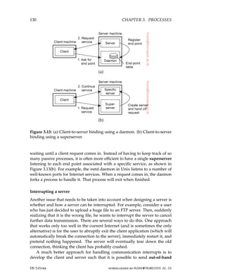 130 CHAPTER 3. PROCESSES
(a)
(b)
Figure 3.13: (a) Client-to-server binding using a daemon. (b) Client-to-server
binding using a superserver.
waiting until a client request comes in. Instead of having to keep track of so
many passive processes, it is often more efficient to have a single superserver
listening to each end point associated with a specific service, as shown in
Figure 3.13(b). For example, the inetd daemon in Unix listens to a number of
well-known ports for Internet services. When a request comes in, the daemon
forks a process to handle it. That process will exit when finished.
Interrupting a server
Another issue that needs to be taken into account when designing a server is
whether and how a server can be interrupted. For example, consider a user
who has just decided to upload a huge file to an FTP server. Then, suddenly
realizing that it is the wrong file, he wants to interrupt the server to cancel
further data transmission. There are several ways to do this. One approach
that works only too well in the current Internet (and is sometimes the only
alternative) is for the user to abruptly exit the client application (which will
automatically break the connection to the server), immediately restart it, and
pretend nothing happened. The server will eventually tear down the old
connection, thinking the client has probably crashed.
A much better approach for handling communication interrupts is to
develop the client and server such that it is possible to send out-of-band
DS 3.01pre downloaded by HUSNI@TRUNOJOYO.AC.ID
130 CHAPTER 3. PROCESSES
(a)
(b)
Figure 3.13: (a) Client-to-server binding using a daemon. (b) Client-to-server
binding using a superserver.
waiting until a client request comes in. Instead of having to keep track of so
many passive processes, it is often more efficient to have a single superserver
listening to each end point associated with a specific service, as shown in
Figure 3.13(b). For example, the inetd daemon in Unix listens to a number of
well-known ports for Internet services. When a request comes in, the daemon
forks a process to handle it. That process will exit when finished.
Interrupting a server
Another issue that needs to be taken into account when designing a server is
whether and how a server can be interrupted. For example, consider a user
who has just decided to upload a huge file to an FTP server. Then, suddenly
realizing that it is the wrong file, he wants to interrupt the server to cancel
further data transmission. There are several ways to do this. One approach
that works only too well in the current Internet (and is sometimes the only
alternative) is for the user to abruptly exit the client application (which will
automatically break the connection to the server), immediately restart it, and
pretend nothing happened. The server will eventually tear down the old
connection, thinking the client has probably crashed.
A much better approach for handling communication interrupts is to
develop the client and server such that it is possible to send out-of-band
DS 3.01pre downloaded by HUSNI@TRUNOJOYO.AC.ID
 