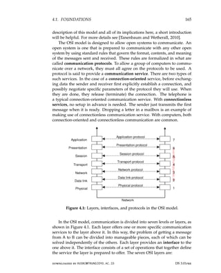 4.1. FOUNDATIONS 165
description of this model and all of its implications here, a short introduction
will be helpful. For more details see [Tanenbaum and Wetherall, 2010].
The OSI model is designed to allow open systems to communicate. An
open system is one that is prepared to communicate with any other open
system by using standard rules that govern the format, contents, and meaning
of the messages sent and received. These rules are formalized in what are
called communication protocols. To allow a group of computers to commu-
nicate over a network, they must all agree on the protocols to be used. A
protocol is said to provide a communication service. There are two types of
such services. In the case of a connection-oriented service, before exchang-
ing data the sender and receiver first explicitly establish a connection, and
possibly negotiate specific parameters of the protocol they will use. When
they are done, they release (terminate) the connection. The telephone is
a typical connection-oriented communication service. With connectionless
services, no setup in advance is needed. The sender just transmits the first
message when it is ready. Dropping a letter in a mailbox is an example of
making use of connectionless communication service. With computers, both
connection-oriented and connectionless communication are common.
Figure 4.1: Layers, interfaces, and protocols in the OSI model.
In the OSI model, communication is divided into seven levels or layers, as
shown in Figure 4.1. Each layer offers one or more specific communication
services to the layer above it. In this way, the problem of getting a message
from A to B can be divided into manageable pieces, each of which can be
solved independently of the others. Each layer provides an interface to the
one above it. The interface consists of a set of operations that together define
the service the layer is prepared to offer. The seven OSI layers are:
downloaded by HUSNI@TRUNOJOYO.AC.ID DS 3.01pre
4.1. FOUNDATIONS 165
description of this model and all of its implications here, a short introduction
will be helpful. For more details see [Tanenbaum and Wetherall, 2010].
The OSI model is designed to allow open systems to communicate. An
open system is one that is prepared to communicate with any other open
system by using standard rules that govern the format, contents, and meaning
of the messages sent and received. These rules are formalized in what are
called communication protocols. To allow a group of computers to commu-
nicate over a network, they must all agree on the protocols to be used. A
protocol is said to provide a communication service. There are two types of
such services. In the case of a connection-oriented service, before exchang-
ing data the sender and receiver first explicitly establish a connection, and
possibly negotiate specific parameters of the protocol they will use. When
they are done, they release (terminate) the connection. The telephone is
a typical connection-oriented communication service. With connectionless
services, no setup in advance is needed. The sender just transmits the first
message when it is ready. Dropping a letter in a mailbox is an example of
making use of connectionless communication service. With computers, both
connection-oriented and connectionless communication are common.
Figure 4.1: Layers, interfaces, and protocols in the OSI model.
In the OSI model, communication is divided into seven levels or layers, as
shown in Figure 4.1. Each layer offers one or more specific communication
services to the layer above it. In this way, the problem of getting a message
from A to B can be divided into manageable pieces, each of which can be
solved independently of the others. Each layer provides an interface to the
one above it. The interface consists of a set of operations that together define
the service the layer is prepared to offer. The seven OSI layers are:
downloaded by HUSNI@TRUNOJOYO.AC.ID DS 3.01pre
 