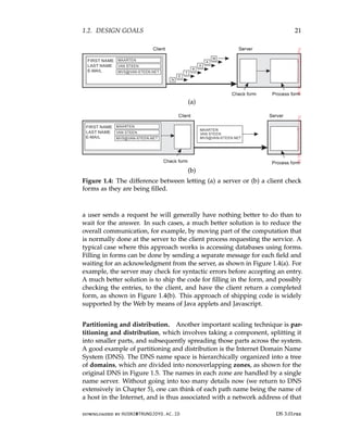 1.2. DESIGN GOALS 21
(a)
(b)
Figure 1.4: The difference between letting (a) a server or (b) a client check
forms as they are being filled.
a user sends a request he will generally have nothing better to do than to
wait for the answer. In such cases, a much better solution is to reduce the
overall communication, for example, by moving part of the computation that
is normally done at the server to the client process requesting the service. A
typical case where this approach works is accessing databases using forms.
Filling in forms can be done by sending a separate message for each field and
waiting for an acknowledgment from the server, as shown in Figure 1.4(a). For
example, the server may check for syntactic errors before accepting an entry.
A much better solution is to ship the code for filling in the form, and possibly
checking the entries, to the client, and have the client return a completed
form, as shown in Figure 1.4(b). This approach of shipping code is widely
supported by the Web by means of Java applets and Javascript.
Partitioning and distribution. Another important scaling technique is par-
titioning and distribution, which involves taking a component, splitting it
into smaller parts, and subsequently spreading those parts across the system.
A good example of partitioning and distribution is the Internet Domain Name
System (DNS). The DNS name space is hierarchically organized into a tree
of domains, which are divided into nonoverlapping zones, as shown for the
original DNS in Figure 1.5. The names in each zone are handled by a single
name server. Without going into too many details now (we return to DNS
extensively in Chapter 5), one can think of each path name being the name of
a host in the Internet, and is thus associated with a network address of that
downloaded by HUSNI@TRUNOJOYO.AC.ID DS 3.01pre
1.2. DESIGN GOALS 21
(a)
(b)
Figure 1.4: The difference between letting (a) a server or (b) a client check
forms as they are being filled.
a user sends a request he will generally have nothing better to do than to
wait for the answer. In such cases, a much better solution is to reduce the
overall communication, for example, by moving part of the computation that
is normally done at the server to the client process requesting the service. A
typical case where this approach works is accessing databases using forms.
Filling in forms can be done by sending a separate message for each field and
waiting for an acknowledgment from the server, as shown in Figure 1.4(a). For
example, the server may check for syntactic errors before accepting an entry.
A much better solution is to ship the code for filling in the form, and possibly
checking the entries, to the client, and have the client return a completed
form, as shown in Figure 1.4(b). This approach of shipping code is widely
supported by the Web by means of Java applets and Javascript.
Partitioning and distribution. Another important scaling technique is par-
titioning and distribution, which involves taking a component, splitting it
into smaller parts, and subsequently spreading those parts across the system.
A good example of partitioning and distribution is the Internet Domain Name
System (DNS). The DNS name space is hierarchically organized into a tree
of domains, which are divided into nonoverlapping zones, as shown for the
original DNS in Figure 1.5. The names in each zone are handled by a single
name server. Without going into too many details now (we return to DNS
extensively in Chapter 5), one can think of each path name being the name of
a host in the Internet, and is thus associated with a network address of that
downloaded by HUSNI@TRUNOJOYO.AC.ID DS 3.01pre
 