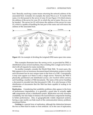 22 CHAPTER 1. INTRODUCTION
host. Basically, resolving a name means returning the network address of the
associated host. Consider, for example, the name flits.cs.vu.nl. To resolve this
name, it is first passed to the server of zone Z1 (see Figure 1.5) which returns
the address of the server for zone Z2, to which the rest of name, flits.cs.vu, can
be handed. The server for Z2 will return the address of the server for zone
Z3, which is capable of handling the last part of the name and will return the
address of the associated host.
Figure 1.5: An example of dividing the (original) DNS name space into zones.
This examples illustrates how the naming service, as provided by DNS, is
distributed across several machines, thus avoiding that a single server has to
deal with all requests for name resolution.
As another example, consider the World Wide Web. To most users, the
Web appears to be an enormous document-based information system in which
each document has its own unique name in the form of a URL. Conceptually,
it may even appear as if there is only a single server. However, the Web is
physically partitioned and distributed across a few hundred million servers,
each handling a number of Web documents. The name of the server handling
a document is encoded into that document’s URL. It is only because of this
distribution of documents that the Web has been capable of scaling to its
current size.
Replication. Considering that scalability problems often appear in the form
of performance degradation, it is generally a good idea to actually repli-
cate components across a distributed system. Replication not only increases
availability, but also helps to balance the load between components leading
to better performance. Also, in geographically widely dispersed systems,
having a copy nearby can hide much of the communication latency problems
mentioned before.
Caching is a special form of replication, although the distinction between
the two is often hard to make or even artificial. As in the case of replication,
DS 3.01pre downloaded by HUSNI@TRUNOJOYO.AC.ID
22 CHAPTER 1. INTRODUCTION
host. Basically, resolving a name means returning the network address of the
associated host. Consider, for example, the name flits.cs.vu.nl. To resolve this
name, it is first passed to the server of zone Z1 (see Figure 1.5) which returns
the address of the server for zone Z2, to which the rest of name, flits.cs.vu, can
be handed. The server for Z2 will return the address of the server for zone
Z3, which is capable of handling the last part of the name and will return the
address of the associated host.
Figure 1.5: An example of dividing the (original) DNS name space into zones.
This examples illustrates how the naming service, as provided by DNS, is
distributed across several machines, thus avoiding that a single server has to
deal with all requests for name resolution.
As another example, consider the World Wide Web. To most users, the
Web appears to be an enormous document-based information system in which
each document has its own unique name in the form of a URL. Conceptually,
it may even appear as if there is only a single server. However, the Web is
physically partitioned and distributed across a few hundred million servers,
each handling a number of Web documents. The name of the server handling
a document is encoded into that document’s URL. It is only because of this
distribution of documents that the Web has been capable of scaling to its
current size.
Replication. Considering that scalability problems often appear in the form
of performance degradation, it is generally a good idea to actually repli-
cate components across a distributed system. Replication not only increases
availability, but also helps to balance the load between components leading
to better performance. Also, in geographically widely dispersed systems,
having a copy nearby can hide much of the communication latency problems
mentioned before.
Caching is a special form of replication, although the distinction between
the two is often hard to make or even artificial. As in the case of replication,
DS 3.01pre downloaded by HUSNI@TRUNOJOYO.AC.ID
 