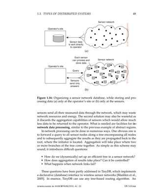 1.3. TYPES OF DISTRIBUTED SYSTEMS 49
(a)
(b)
Figure 1.16: Organizing a sensor network database, while storing and pro-
cessing data (a) only at the operator’s site or (b) only at the sensors.
sensors send all their measured data through the network, which may waste
network resources and energy. The second solution may also be wasteful as
it discards the aggregation capabilities of sensors which would allow much
less data to be returned to the operator. What is needed are facilities for in-
network data processing, similar to the previous example of abstract regions.
In-network processing can be done in numerous ways. One obvious one is
to forward a query to all sensor nodes along a tree encompassing all nodes
and to subsequently aggregate the results as they are propagated back to the
root, where the initiator is located. Aggregation will take place where two
or more branches of the tree come together. As simple as this scheme may
sound, it introduces difficult questions:
• How do we (dynamically) set up an efficient tree in a sensor network?
• How does aggregation of results take place? Can it be controlled?
• What happens when network links fail?
These questions have been partly addressed in TinyDB, which implements
a declarative (database) interface to wireless sensor networks [Madden et al.,
2005]. In essence, TinyDB can use any tree-based routing algorithm. An
downloaded by HUSNI@TRUNOJOYO.AC.ID DS 3.01pre
1.3. TYPES OF DISTRIBUTED SYSTEMS 49
(a)
(b)
Figure 1.16: Organizing a sensor network database, while storing and pro-
cessing data (a) only at the operator’s site or (b) only at the sensors.
sensors send all their measured data through the network, which may waste
network resources and energy. The second solution may also be wasteful as
it discards the aggregation capabilities of sensors which would allow much
less data to be returned to the operator. What is needed are facilities for in-
network data processing, similar to the previous example of abstract regions.
In-network processing can be done in numerous ways. One obvious one is
to forward a query to all sensor nodes along a tree encompassing all nodes
and to subsequently aggregate the results as they are propagated back to the
root, where the initiator is located. Aggregation will take place where two
or more branches of the tree come together. As simple as this scheme may
sound, it introduces difficult questions:
• How do we (dynamically) set up an efficient tree in a sensor network?
• How does aggregation of results take place? Can it be controlled?
• What happens when network links fail?
These questions have been partly addressed in TinyDB, which implements
a declarative (database) interface to wireless sensor networks [Madden et al.,
2005]. In essence, TinyDB can use any tree-based routing algorithm. An
downloaded by HUSNI@TRUNOJOYO.AC.ID DS 3.01pre
 