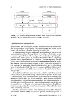 58 CHAPTER 2. ARCHITECTURES
Figure 2.2: A layered communication-protocol stack, showing the difference
between a service, its interface, and the protocol it deploys.
Layered communication protocols
A well-known and ubiquitously applied layered architecture is that of so-
called communication-protocol stacks. We will concentrate here on the global
picture only and defer a detailed discussion to Section 4.1.
In communication-protocol stacks, each layer implements one or several
communication services allowing data to be sent from a destination to one
or several targets. To this end, each layer offers an interface specifying the
functions that can be called. In principle, the interface should completely
hide the actual implementation of a service. Another important concept
in the case of communication is that of a (communication) protocol, which
describes the rules that parties will follow in order to exchange information.
It is important to understand the difference between a service offered by a
layer, the interface by which that service is made available, and the protocol
that a layer implements to establish communication. This distinction is shown
in Figure 2.2.
To make this distinction clear, consider a reliable, connection-oriented
service, which is provided by many communication systems. In this case,
a communicating party first needs to set up a connection to another party
before the two can send and receive messages. Being reliable means that
strong guarantees will be given that sent messages will indeed be delivered to
the other side, even when there is a high risk that messages may be lost (as,
for example, may be the case when using a wireless medium). In addition,
such services generally also ensure that messages are delivered in the same
order as that they were sent.
This kind of service is realized in the Internet by means of the Transmis-
sion Control Protocol (TCP). The protocol specifies which messages are to
DS 3.01pre downloaded by HUSNI@TRUNOJOYO.AC.ID
58 CHAPTER 2. ARCHITECTURES
Figure 2.2: A layered communication-protocol stack, showing the difference
between a service, its interface, and the protocol it deploys.
Layered communication protocols
A well-known and ubiquitously applied layered architecture is that of so-
called communication-protocol stacks. We will concentrate here on the global
picture only and defer a detailed discussion to Section 4.1.
In communication-protocol stacks, each layer implements one or several
communication services allowing data to be sent from a destination to one
or several targets. To this end, each layer offers an interface specifying the
functions that can be called. In principle, the interface should completely
hide the actual implementation of a service. Another important concept
in the case of communication is that of a (communication) protocol, which
describes the rules that parties will follow in order to exchange information.
It is important to understand the difference between a service offered by a
layer, the interface by which that service is made available, and the protocol
that a layer implements to establish communication. This distinction is shown
in Figure 2.2.
To make this distinction clear, consider a reliable, connection-oriented
service, which is provided by many communication systems. In this case,
a communicating party first needs to set up a connection to another party
before the two can send and receive messages. Being reliable means that
strong guarantees will be given that sent messages will indeed be delivered to
the other side, even when there is a high risk that messages may be lost (as,
for example, may be the case when using a wireless medium). In addition,
such services generally also ensure that messages are delivered in the same
order as that they were sent.
This kind of service is realized in the Internet by means of the Transmis-
sion Control Protocol (TCP). The protocol specifies which messages are to
DS 3.01pre downloaded by HUSNI@TRUNOJOYO.AC.ID
 
