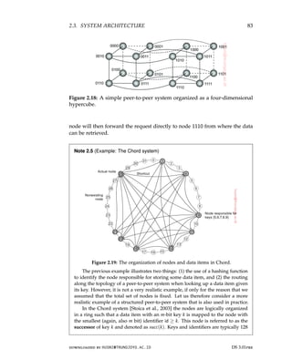 2.3. SYSTEM ARCHITECTURE 83
Figure 2.18: A simple peer-to-peer system organized as a four-dimensional
hypercube.
node will then forward the request directly to node 1110 from where the data
can be retrieved.
Note 2.5 (Example: The Chord system)
Figure 2.19: The organization of nodes and data items in Chord.
The previous example illustrates two things: (1) the use of a hashing function
to identify the node responsible for storing some data item, and (2) the routing
along the topology of a peer-to-peer system when looking up a data item given
its key. However, it is not a very realistic example, if only for the reason that we
assumed that the total set of nodes is fixed. Let us therefore consider a more
realistic example of a structured peer-to-peer system that is also used in practice.
In the Chord system [Stoica et al., 2003] the nodes are logically organized
in a ring such that a data item with an m-bit key k is mapped to the node with
the smallest (again, also m bit) identifier id ≥ k. This node is referred to as the
successor of key k and denoted as succ(k). Keys and identifiers are typically 128
downloaded by HUSNI@TRUNOJOYO.AC.ID DS 3.01pre
2.3. SYSTEM ARCHITECTURE 83
Figure 2.18: A simple peer-to-peer system organized as a four-dimensional
hypercube.
node will then forward the request directly to node 1110 from where the data
can be retrieved.
Note 2.5 (Example: The Chord system)
Figure 2.19: The organization of nodes and data items in Chord.
The previous example illustrates two things: (1) the use of a hashing function
to identify the node responsible for storing some data item, and (2) the routing
along the topology of a peer-to-peer system when looking up a data item given
its key. However, it is not a very realistic example, if only for the reason that we
assumed that the total set of nodes is fixed. Let us therefore consider a more
realistic example of a structured peer-to-peer system that is also used in practice.
In the Chord system [Stoica et al., 2003] the nodes are logically organized
in a ring such that a data item with an m-bit key k is mapped to the node with
the smallest (again, also m bit) identifier id ≥ k. This node is referred to as the
successor of key k and denoted as succ(k). Keys and identifiers are typically 128
downloaded by HUSNI@TRUNOJOYO.AC.ID DS 3.01pre
 