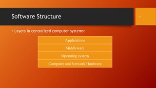 Software Structure
• Layers in centralized computer systems:
Applications
Middleware
Operating system
Computer and Network Hardware
17
 