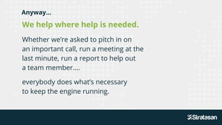 We help where help is needed.
Whether we’re asked to pitch in on
an important call, run a meeting at the
last minute, run a report to help out
a team member….
everybody does what’s necessary
to keep the engine running.
Anyway…
 