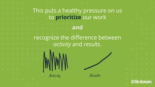 This puts a healthy pressure on us
to prioritize our work
and
recognize the difference between
activity and results.
activity and results.
Activity Results
 