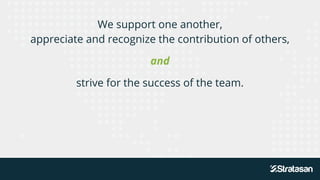 We support one another,
appreciate and recognize the contribution of others,
and
strive for the success of the team.
 