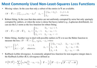 28
Most Commonly Used Non-Least-Squares Loss Functions
• Missing values. In the case that only a subset of the entries in Y are available.
• Robust fitting. In the case that data entries are not uniformly corrupted by noise but only sparingly
corrupted by outliers, or when the noise is dense but heavy-tailed (e.g., Laplacian-distributed), we
can use the L1 norm as the loss function for robust fitting.
• Huber fitting. Another way to deal with possible outliers in Y is to use the Huber function to
measure the loss.
• Kullback-Leibler divergence. A commonly adopted loss function for non-negative integer data is
the Kullback-Leibler (K-L) divergence defined as
 