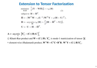 30
Extension to Tensor Factorization
2
(1)
(1)
(1)
arg min ( )
Khatri-Rao product and ( ), is mode-1 matricization of tensor ,
element-wise (Hadamard) product, , ( ) .
T T
F
T
T T T T T
← −
=
∗ = ∗ =
A
A Y C B A
W C B Y
W W C C B B W Y C B Y
YYYY
⊙
⊙ ⊙
⊙
 