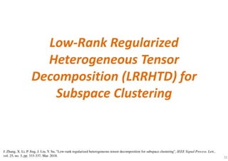 Low-Rank Regularized
Heterogeneous Tensor
Decomposition (LRRHTD) for
Subspace Clustering
32
J. Zhang, X. Li, P. Jing, J. Liu, Y. Su, "Low-rank regularized heterogeneous tensor decomposition for subspace clustering", IEEE Signal Process. Lett.,
vol. 25, no. 3, pp. 333-337, Mar. 2018.
 