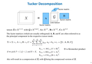 33
Tucker Decomposition
tensor with , , ,I J K P Q R I P J Q K R× × × × × × ×
∈ ∈ ∈ ∈ ∈A B Cℝ ℝ ℝ ℝ ℝX GX GX GX G
core tensor
factor matrix
factor matrix
factor matrix
The factor matrices (which are usually orthogonal) A, B, and C are often referred to as
the principal component in the respective tensor mode.
this will result in a compression of XXXX, with GGGG being the compressed version of XXXX.
is Kronecker product⊗
 