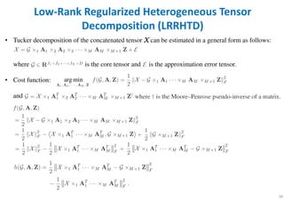 • Tucker decomposition of the concatenated tensor XXXX can be estimated in a general form as follows:
where is the core tensor and is the approximation error tensor.
• Cost function:
and
36
Low-Rank Regularized Heterogeneous Tensor
Decomposition (LRRHTD)
arg min
 