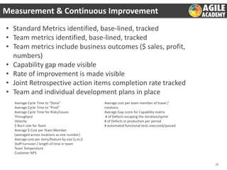 Measurement & Continuous Improvement
• Standard Metrics identified, base-lined, tracked
• Team metrics identified, base-lined, tracked
• Team metrics include business outcomes ($ sales, profit,
numbers)
• Capability gap made visible
• Rate of improvement is made visible
• Joint Retrospective action items completion rate tracked
• Team and individual development plans in place
Average Cycle Time to “Done”
Average Cycle Time to “Prod”
Average Cycle Time for Risks/Issues
Throughput
Velocity
$ Burn rate for Team
Average $ Cost per Team Member
(averaged across locations as one number)
Average cost per story/feature by size (s,m,l)
Staff turnover / length of time in team
Team Temperature
Customer NPS

Average cost per team member of travel /
rotations
Average Gap score for Capability matrix
# of Defects escaping the iteration/sprint
# of Defects in production per period
# automated functional tests executed/passed

15

 
