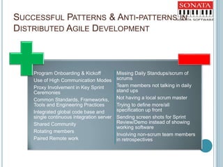 SUCCESSFUL PATTERNS & ANTI-PATTERNS IN
DISTRIBUTED AGILE DEVELOPMENT
Program Onboarding & Kickoff
Use of High Communication Modes
Proxy Involvement in Key Sprint
Ceremonies
Common Standards, Frameworks,
Tools and Engineering Practices
Integrated global code base and
single continuous integration server
Shared Community
Rotating members
Paired Remote work
Missing Daily Standups/scrum of
scrums
Team members not talking in daily
stand ups
Not having a local scrum master
Trying to define more/all
specification up front
Sending screen shots for Sprint
Review/Demo instead of showing
working software
Involving non-scrum team members
in retrospectives
 