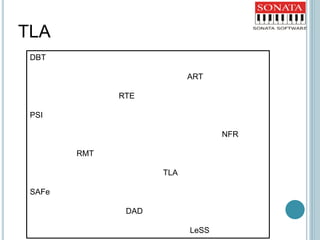 DBT
ART
RTE
PSI
NFR
RMT
TLA
SAFe
DAD
LeSS
TLA
 