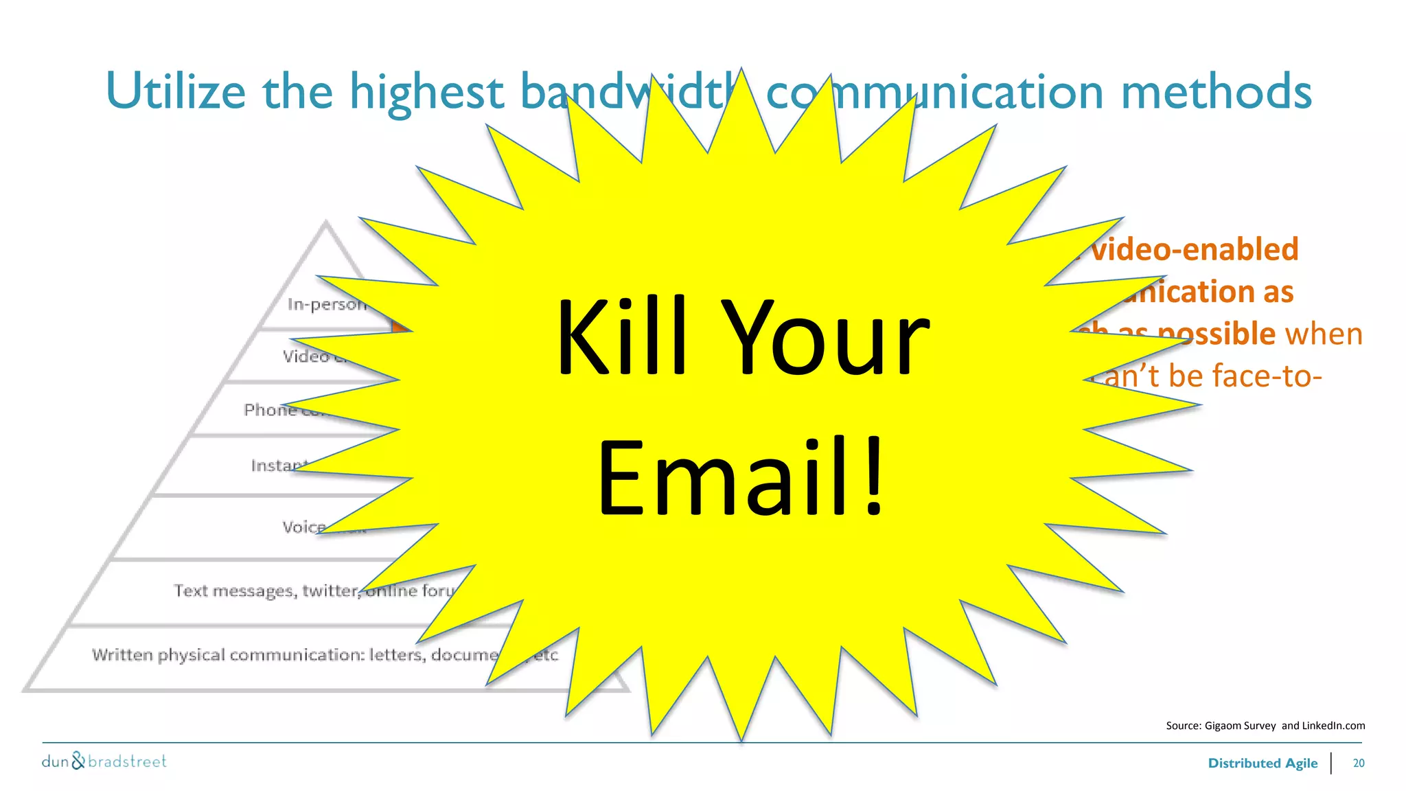 20
Utilize the highest bandwidth communication methods
Distributed Agile
Use video-enabled
communication as
much as possible when
you can’t be face-to-
face.
Source: Gigaom Survey and LinkedIn.com
Kill Your
Email!
 