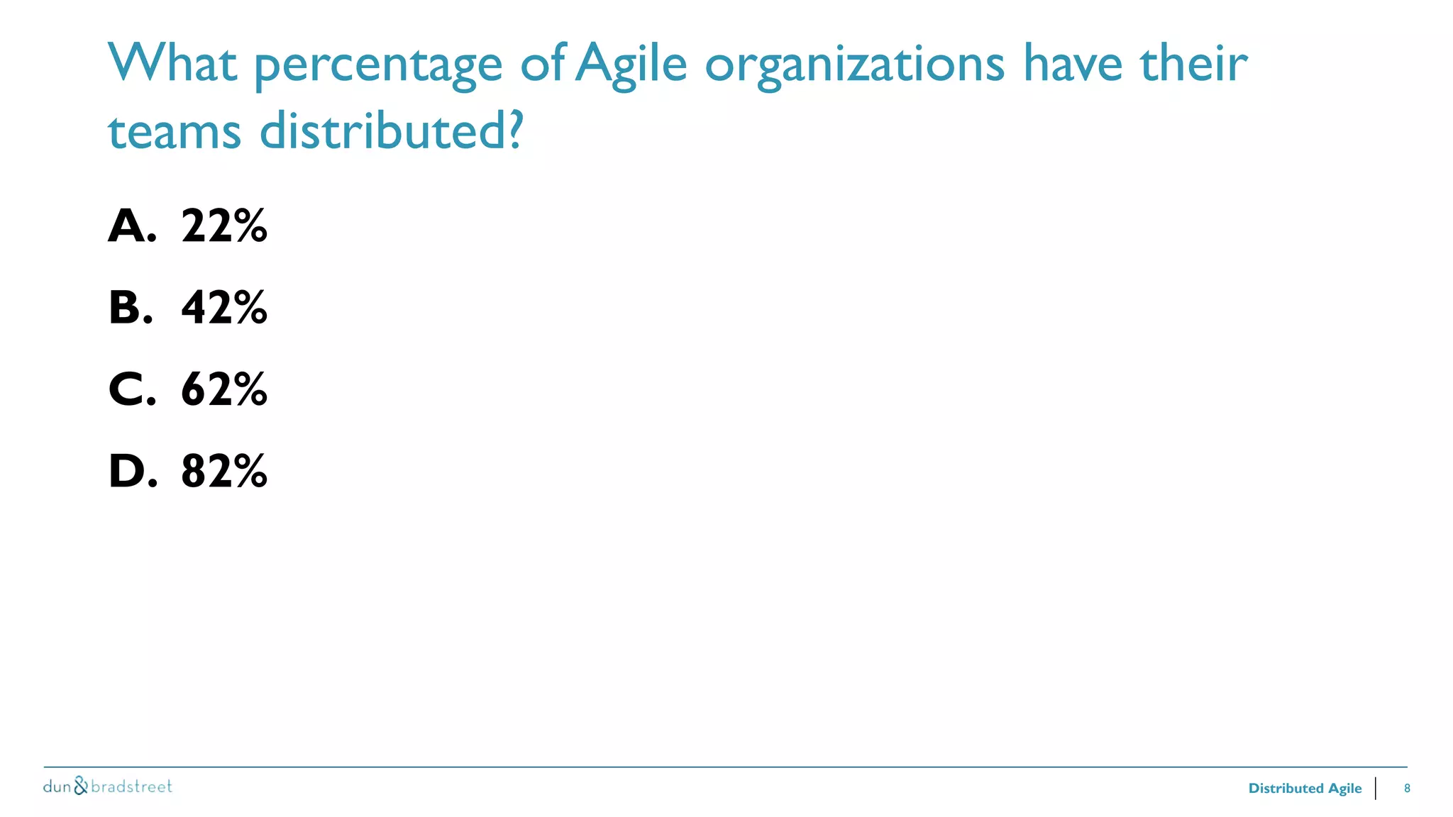 8
What percentage of Agile organizations have their
teams distributed?
Distributed Agile
A. 22%
B. 42%
C. 62%
D. 82%
 
