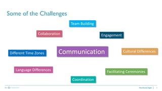 12Distributed Agile
Some of the Challenges
Collaboration
Team Building
CommunicationDifferent Time Zones Cultural Differences
Coordination
Facilitating Ceremonies
Engagement
Language Differences
 