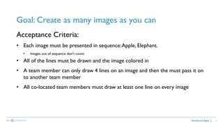 4
Goal: Create as many images as you can
Distributed Agile
Acceptance Criteria:
• Each image must be presented in sequence:Apple, Elephant.
• Images out of sequence don’t count
• All of the lines must be drawn and the image colored in
• A team member can only draw 4 lines on an image and then the must pass it on
to another team member
• All co-located team members must draw at least one line on every image
 