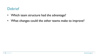 7
Debrief
Distributed Agile
• Which team structure had the advantage?
• What changes could the other teams make to improve?
 