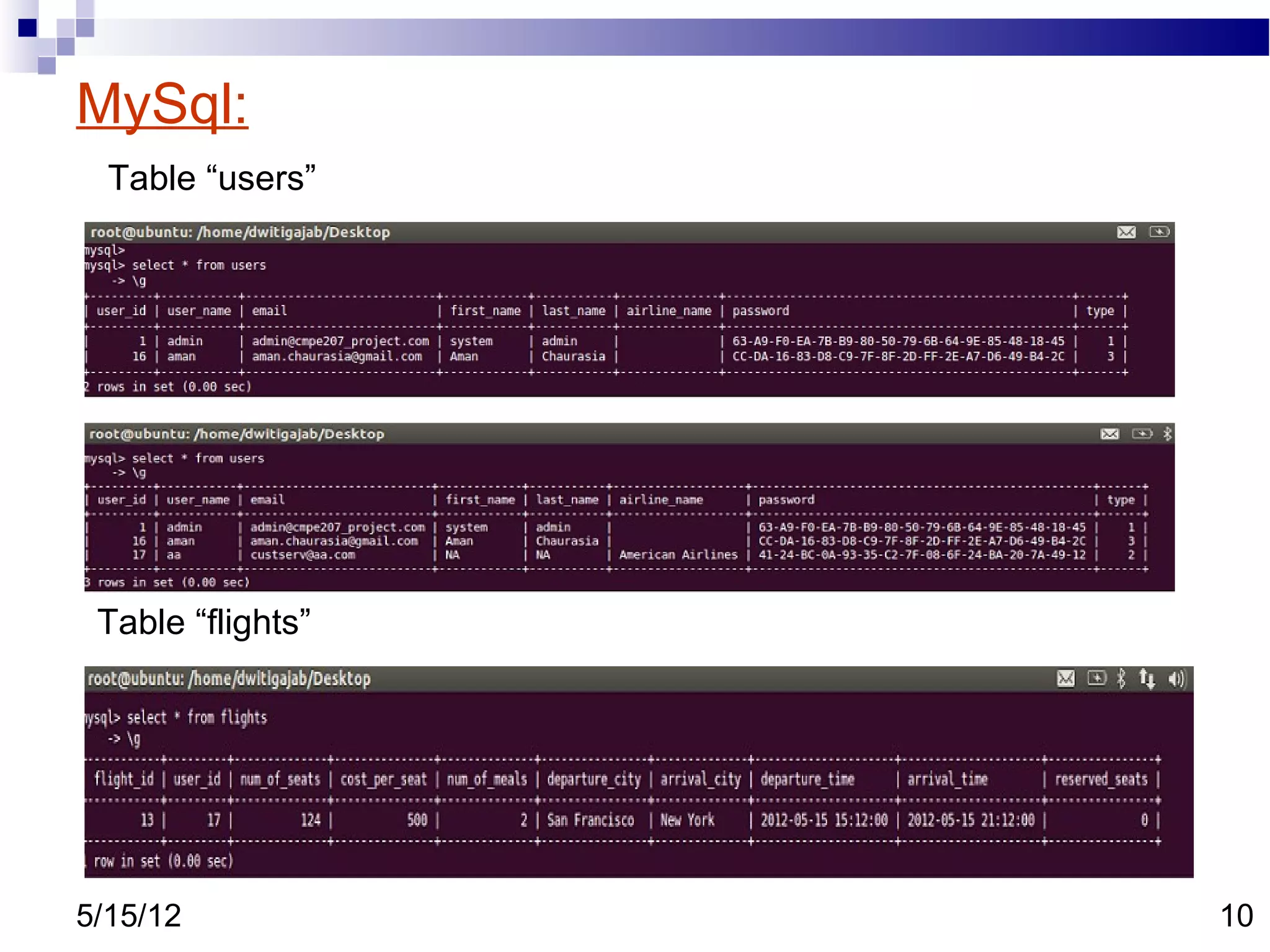 MySql:
  Table “users”




 Table “flights”




5/15/12            10
 