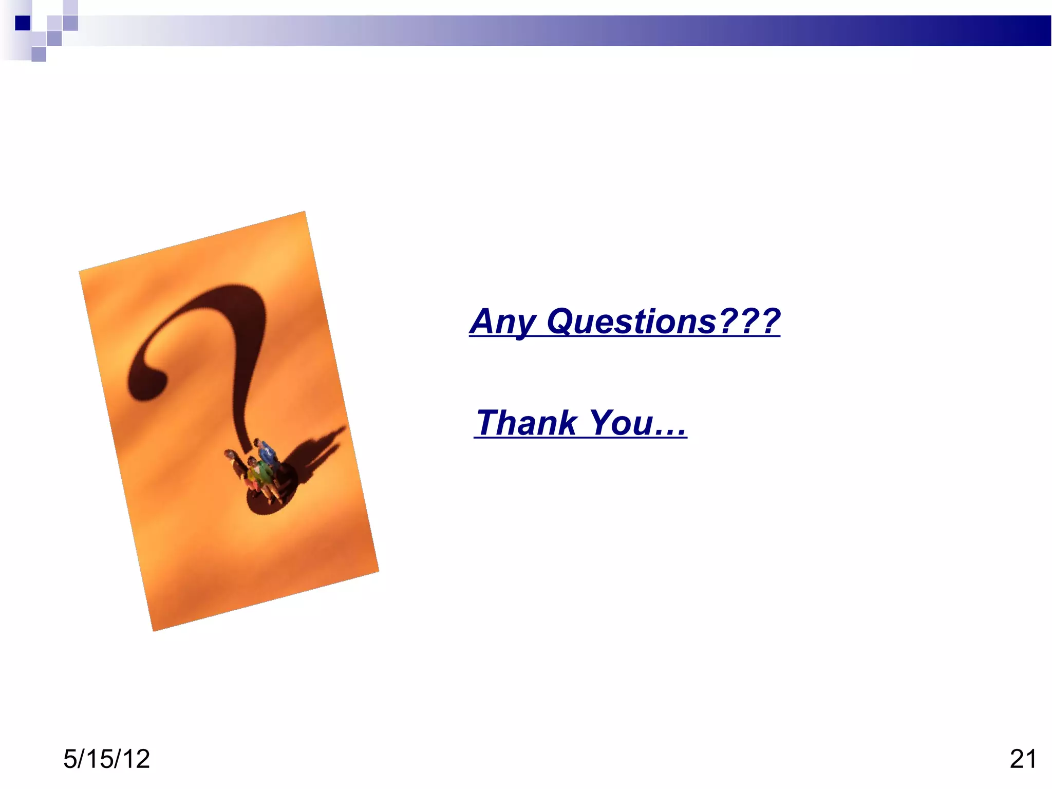 Any Questions???

          Thank You…




5/15/12                      21
 