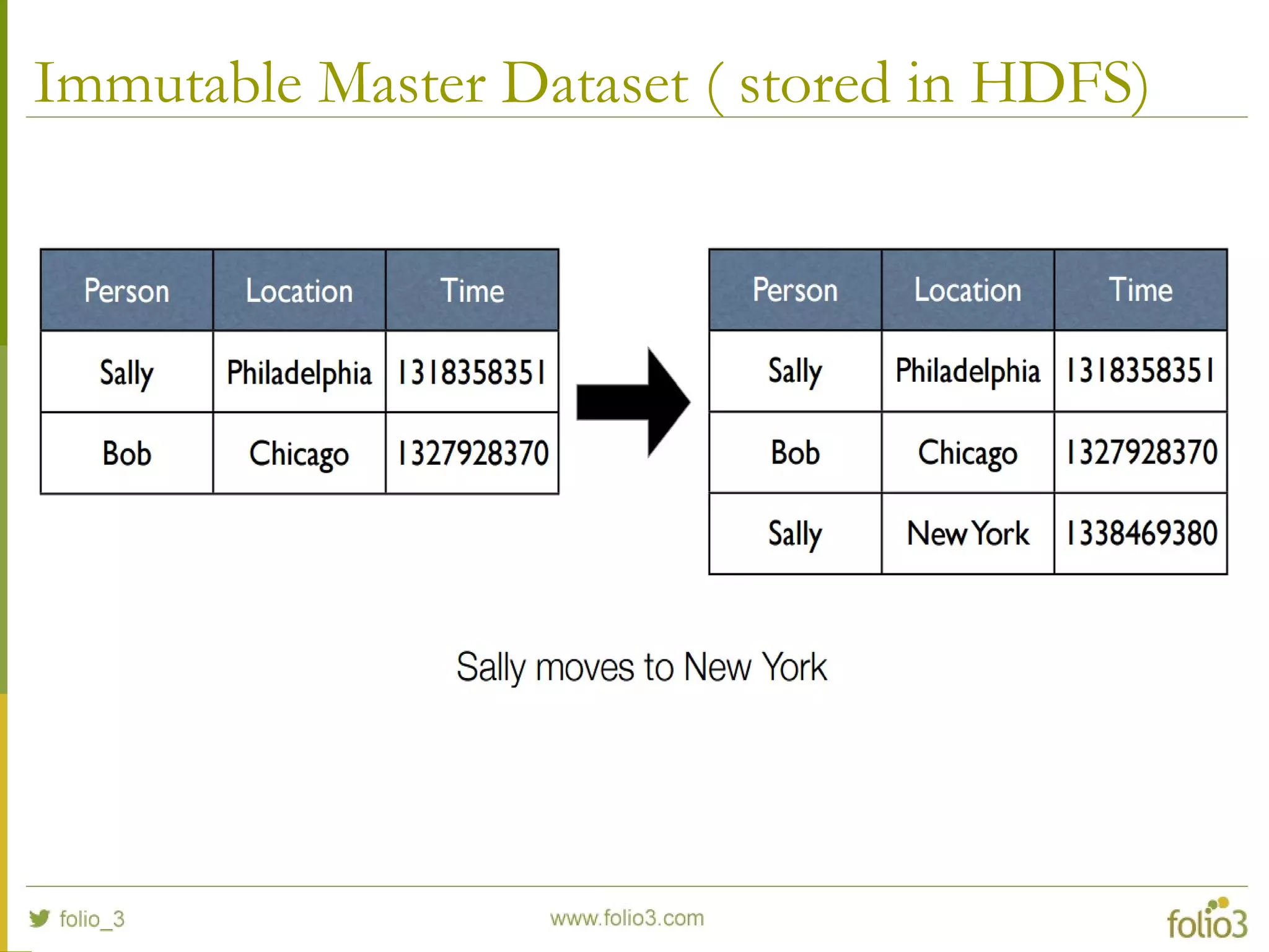 Immutable Master Dataset ( stored in HDFS)
 