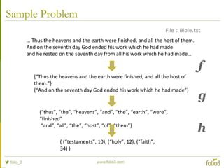 Sample Problem
… Thus the heavens and the earth were finished, and all the host of them.
And on the seventh day God ended his work which he had made
and he rested on the seventh day from all his work which he had made…
File : Bible.txt
(“thus”, “the”, “heavens”, “and”, “the”, “earth”, “were”,
“finished”
“and”, “all”, “the”, “host”, “of”, “them”)
{“Thus the heavens and the earth were finished, and all the host of
them.”}
{“And on the seventh day God ended his work which he had made”}
( (“testaments”, 10), (“holy”, 12), (“faith”,
34) )
f
g
h
 