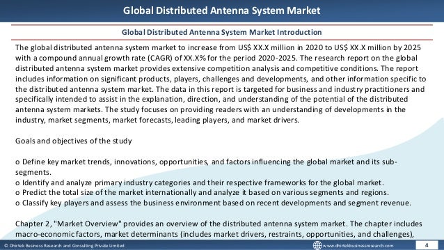 © Dhirtek Business Research and Consulting Private Limited www.dhirtekbusinessresearch.com
Global Distributed Antenna System Market
Global Distributed Antenna System Market Introduction
4
The global distributed antenna system market to increase from US$ XX.X million in 2020 to US$ XX.X million by 2025
with a compound annual growth rate (CAGR) of XX.X% for the period 2020-2025. The research report on the global
distributed antenna system market provides extensive competition analysis and competitive conditions. The report
includes information on significant products, players, challenges and developments, and other information specific to
the distributed antenna system market. The data in this report is targeted for business and industry practitioners and
specifically intended to assist in the explanation, direction, and understanding of the potential of the distributed
antenna system markets. The study focuses on providing readers with an understanding of developments in the
industry, market segments, market forecasts, leading players, and market drivers.
Goals and objectives of the study
o Define key market trends, innovations, opportunities, and factors influencing the global market and its sub-
segments.
o Identify and analyze primary industry categories and their respective frameworks for the global market.
o Predict the total size of the market internationally and analyze it based on various segments and regions.
o Classify key players and assess the business environment based on recent developments and segment revenue.
Chapter 2, "Market Overview" provides an overview of the distributed antenna system market. The chapter includes
macro-economic factors, market determinants (includes market drivers, restraints, opportunities, and challenges),
 