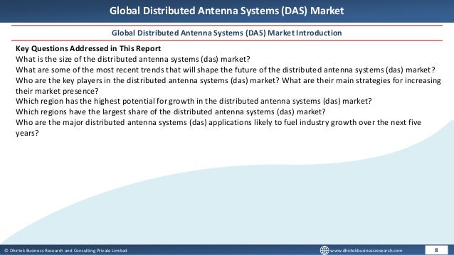 © Dhirtek Business Research and Consulting Private Limited www.dhirtekbusinessresearch.com
Global Distributed Antenna Systems (DAS) Market
Global Distributed Antenna Systems (DAS) Market Introduction
8
Key Questions Addressed in This Report
What is the size of the distributed antenna systems (das) market?
What are some of the most recent trends that will shape the future of the distributed antenna systems (das) market?
Who are the key players in the distributed antenna systems (das) market? What are their main strategies for increasing
their market presence?
Which region has the highest potential for growth in the distributed antenna systems (das) market?
Which regions have the largest share of the distributed antenna systems (das) market?
Who are the major distributed antenna systems (das) applications likely to fuel industry growth over the next five
years?
 