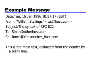 Example Message Date:Tue, 16 Jan 1996 10:37:17 (EST) From: “William Stallings” <ws@host.com> Subject:The syntax of RFC 822 To: Smith@otherhost.com Cc: Jones@Yet-another_host.com This is the main text, delimited from the header by a blank line. 