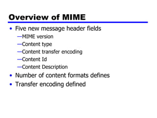 Overview of MIME Five new message header fields MIME version Content type Content transfer encoding Content Id Content Description Number of content formats defines Transfer encoding defined 