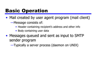 Basic Operation Mail created by user agent program (mail client) Message consists of: Header containing recipient’s address and other info Body containing user data Messages queued and sent as input to SMTP sender program Typically a server process (daemon on UNIX) 