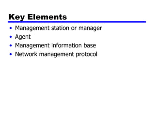 Key Elements Management station or manager Agent Management information base Network management protocol 