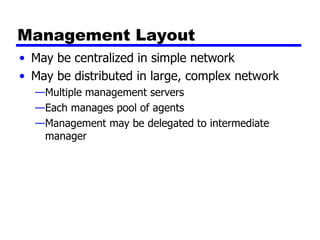 Management Layout May be centralized in simple network May be distributed in large, complex network Multiple management servers Each manages pool of agents Management may be delegated to intermediate manager 