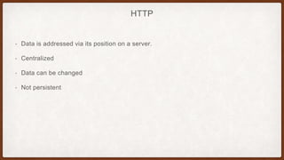HTTP
• Data is addressed via its position on a server.
• Centralized
• Data can be changed
• Not persistent
 