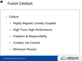 Fusion Catalyst
– Culture
• Highly Aligned, Loosely Coupled
• High Trust, High Performance
• Freedom & Responsibility
• Context, not Control
• Minimum Process
 