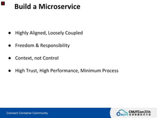 Build a Microservice
● Highly Aligned, Loosely Coupled
● Freedom & Responsibility
● Context, not Control
● High Trust, High Performance, Minimum Process
 