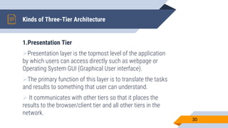 Kinds of Three-Tier Architecture
1.Presentation Tier
Presentation layer is the topmost level of the application
by which users can access directly such as webpage or
Operating System GUI (Graphical User interface).
The primary function of this layer is to translate the tasks
and results to something that user can understand.
 It communicates with other tiers so that it places the
results to the browser/client tier and all other tiers in the
network.
30
 