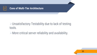 Cons of Multi-Tier Architecture
Unsatisfactory Testability due to lack of testing
tools.
More critical server reliability and availability.
35
 