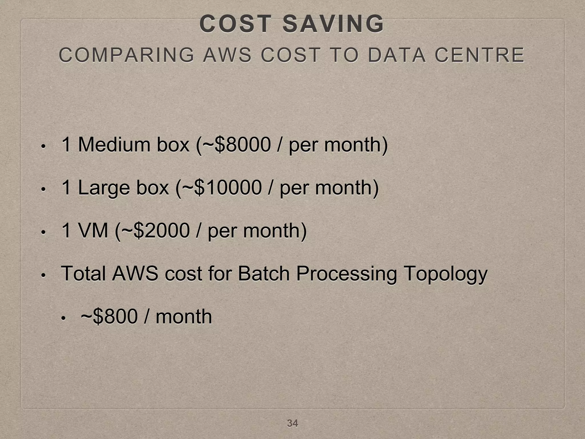 COMPARING AWS COST TO DATA CENTRE
• 1 Medium box (~$8000 / per month)
• 1 Large box (~$10000 / per month)
• 1 VM (~$2000 / per month)
• Total AWS cost for Batch Processing Topology
• ~$800 / month
34
COST SAVING
 
