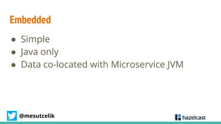 @mesutcelik
Embedded
● Simple
● Java only
● Data co-located with Microservice JVM
 
