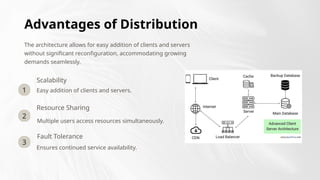 3
1
2
Easy addition of clients and servers.
Advantages of Distribution
The architecture allows for easy addition of clients and servers
without significant reconfiguration, accommodating growing
demands seamlessly.
Resource Sharing
Fault Tolerance
Scalability
Multiple users access resources simultaneously.
Ensures continued service availability.
 