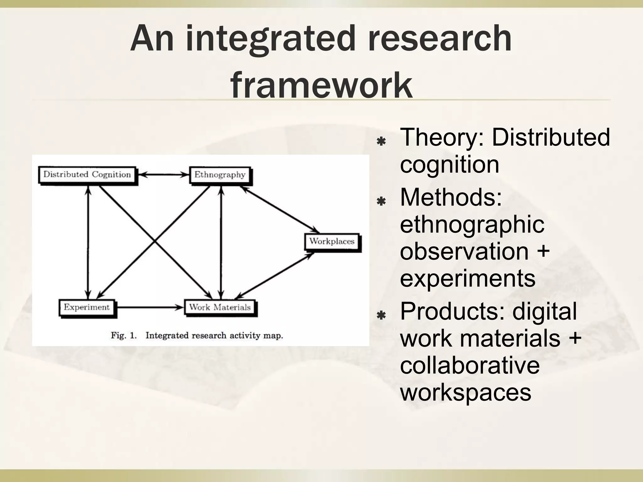 Characteristics of Distributed cognition Socially distributed cognitionDistributed across the members of a social groupEmbodied cognitionInvolve coordination between internal and external structures Culturally embedded cognitionCulture shapes the cognitive processes of systems that transcend the boundaries of individuals