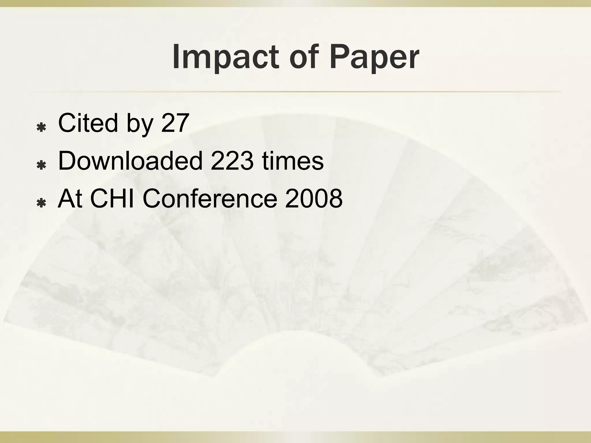 Jacob T. Biehl, William T. Baker, Brian P. Bailey, Desney S. Tan, Kori M. Inkpen, and Mary CzerwinskiPresenter: Anamary Leal"IMPROMPTU: A New Interaction Framework for Supporting Collaborationin Multiple Display Environments and Its Field Evaluation for Co-locatedSoftware Development“