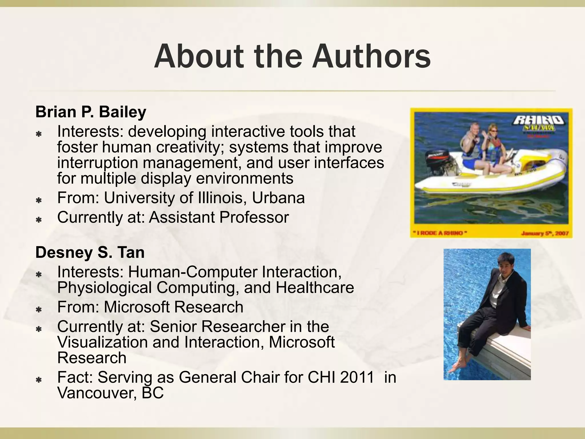 Jacob T. BiehlInterests: Human-Computer Interaction, Software Engineering, Programming LanguagesFrom: University of Illinois, UrbanaCurrently at: Research Scientist at FX Palo Alto Laboratory Fact: Getting more liberal by the minuteWilliam T. BakerInterests: Supercomputing for astronomy, security planning, automated build system, middleware developmentFrom: University of Illinois, UrbanaCurrently at: Research Programmer at NCSAFact: Create a diagram from ASCIIAbout the Authors