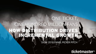 ONE TICKET,
ONE HUNDRED MILLION FANS
HOW DISTRIBUTION DRIVES
INCREMENTAL GROWTH
SXSW 2018 PANEL PICKER PITCH
 