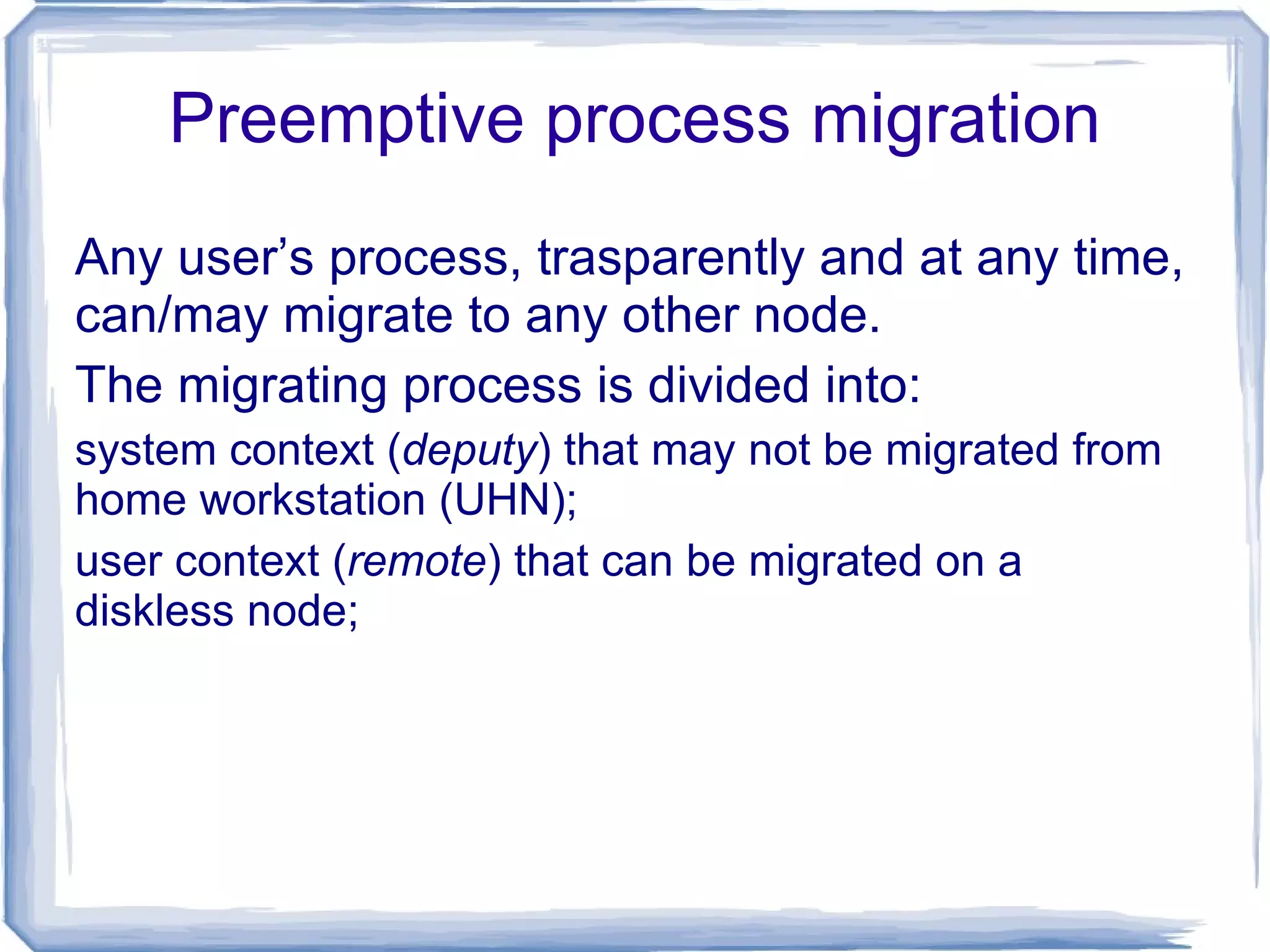 OS = Microkernel + User Subsystems Client Application Thread lib. File Server Network Server Display Server Microkernel Hardware Send Reply Ex: Mach, PARAS, Chorus, etc. User Kernel 