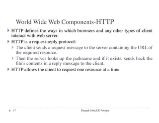 Alternative server threading architectures
Thread-per-request
Server spawn a new worker thread for each new request, destroy it
when the request processing finish.
Pro: throughput is potentially maximized.
Con: overhead of the thread creation and destruction
Deepak John,CE-Poonjar
 